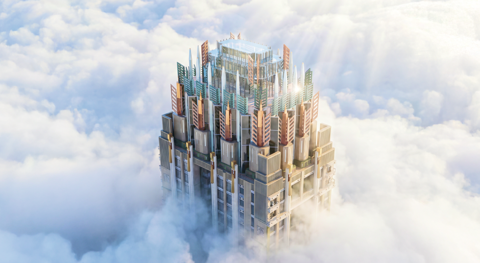 Skyline rendering of The Crimson in the clouds